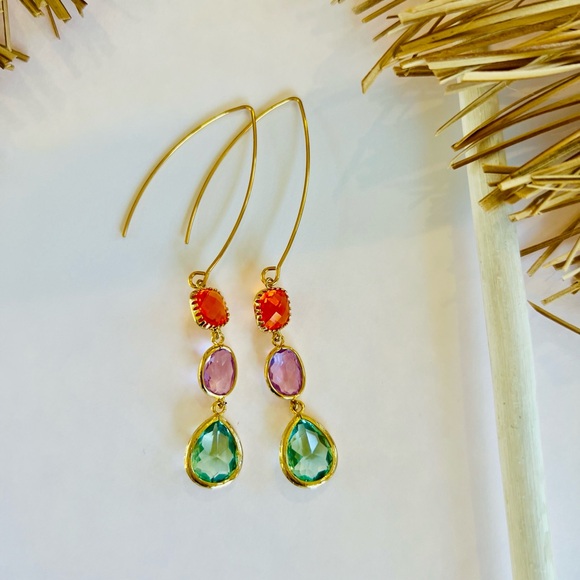 SOLD HANDMADE Rose Quartz, Erinite, and Topaz Orange 3 Stone Dangle Earrings - Picture 3 of 3